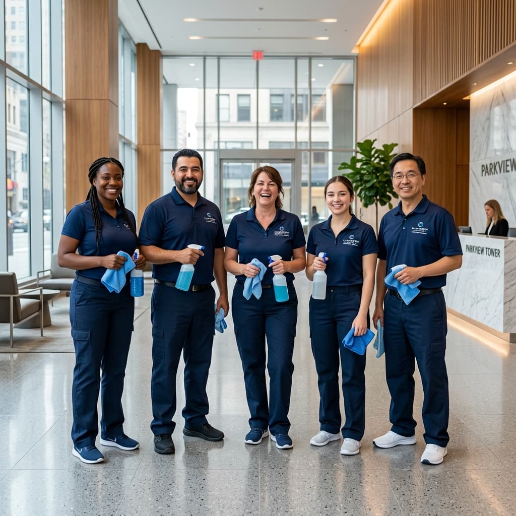 Admiral Cleaning professional team in uniforms holding eco-friendly cleaning tools, smiling inside a beautiful clean office hallway